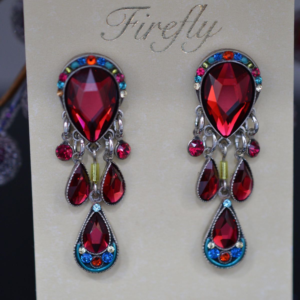 Antique Silver Plate Elizabeth Chandelier Earrings With Multi-Color Crystals By Firefly