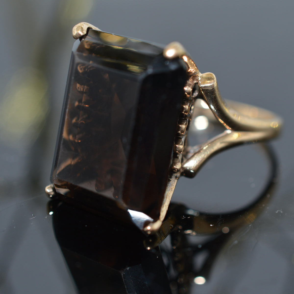 Large 10K Yellow Gold Emerald Cut Smoky Quartz Ring