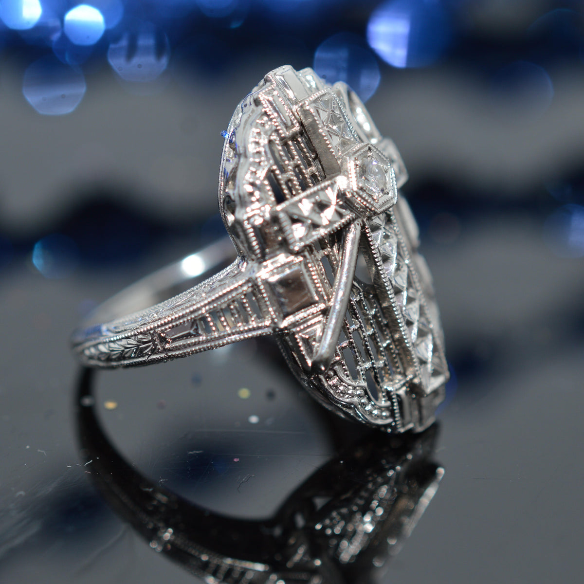 14K White Gold Filigree Ring With Cross, Shepherd's Crook, & Diamond