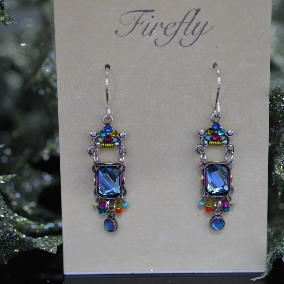 Antique Silver Plated Jasmine Mirror Multi-Color Crystal Dangle Earrings by Firefly