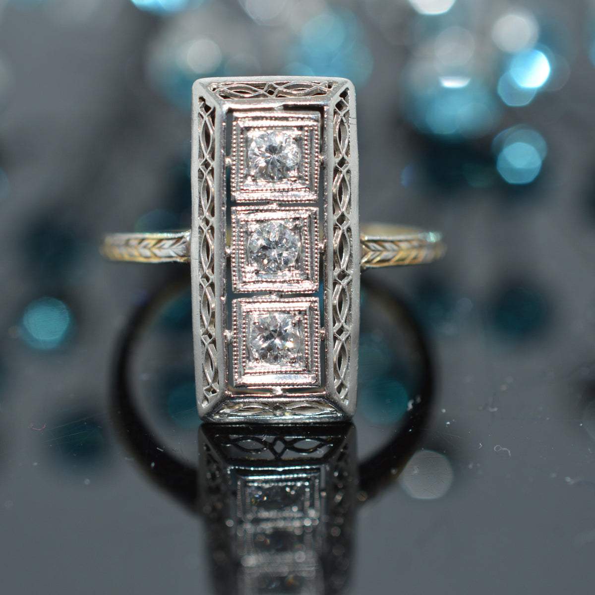 Antique Platinum Topped Gold 3 Diamond Ring