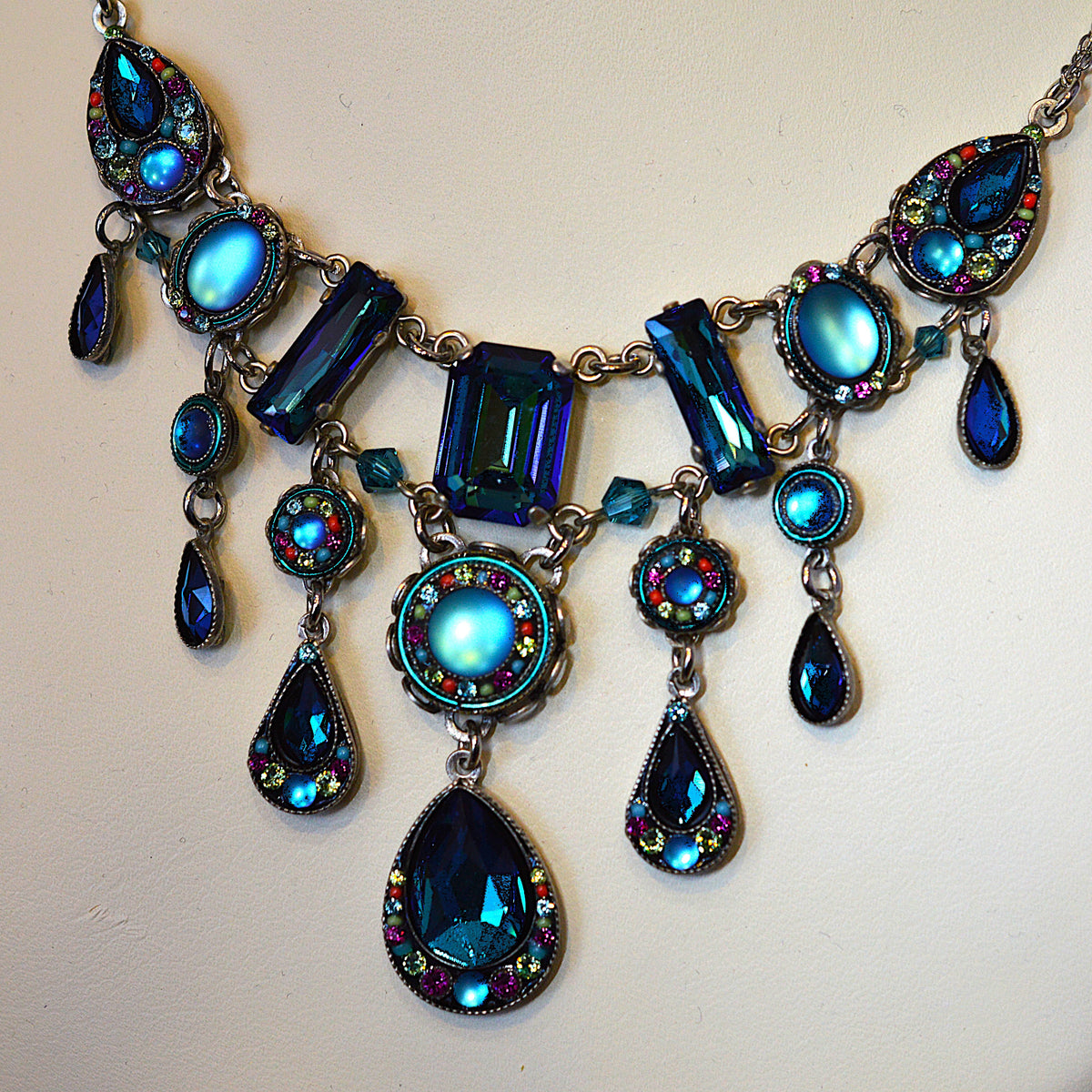 Antique Silver Plated Elaborate Kensington Necklace With Bermuda Blue Crystals by Firefly
