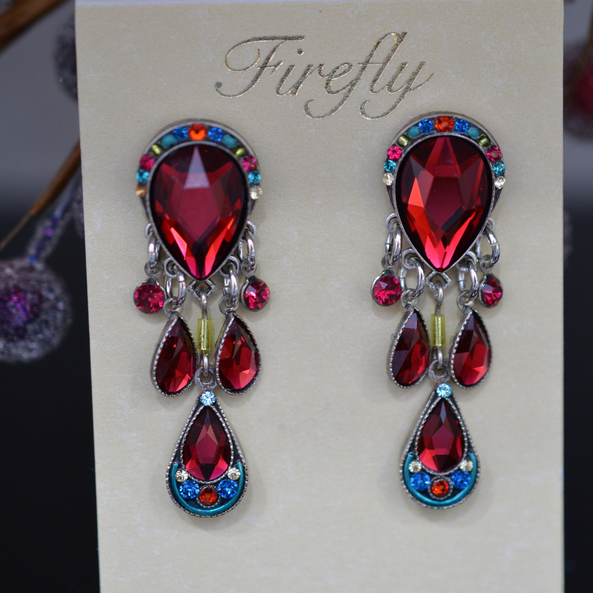 Antique Silver Plate Elizabeth Chandelier Earrings With Multi-Color Crystals By Firefly