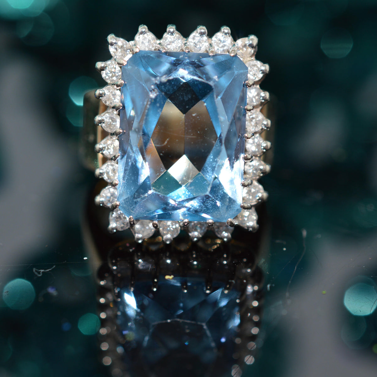14K Two Tone Gold Ring With A Large Synthetic Spinel & A Halo Of Diamonds