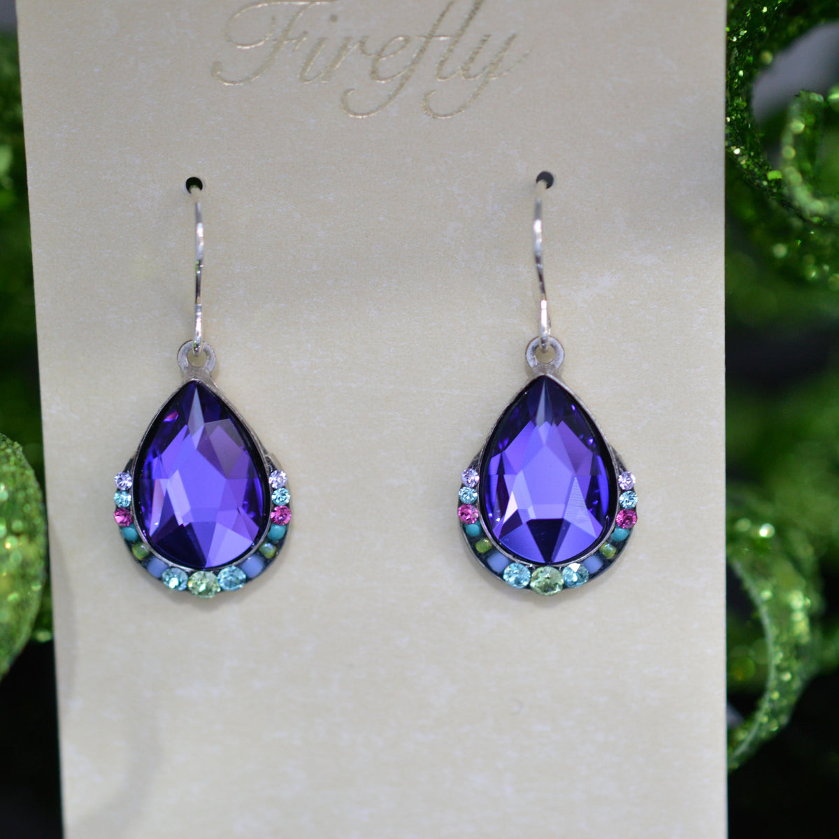 Antique Silver Plate Carmel Teardrop Earrings With Purple Crystals By Firefly
