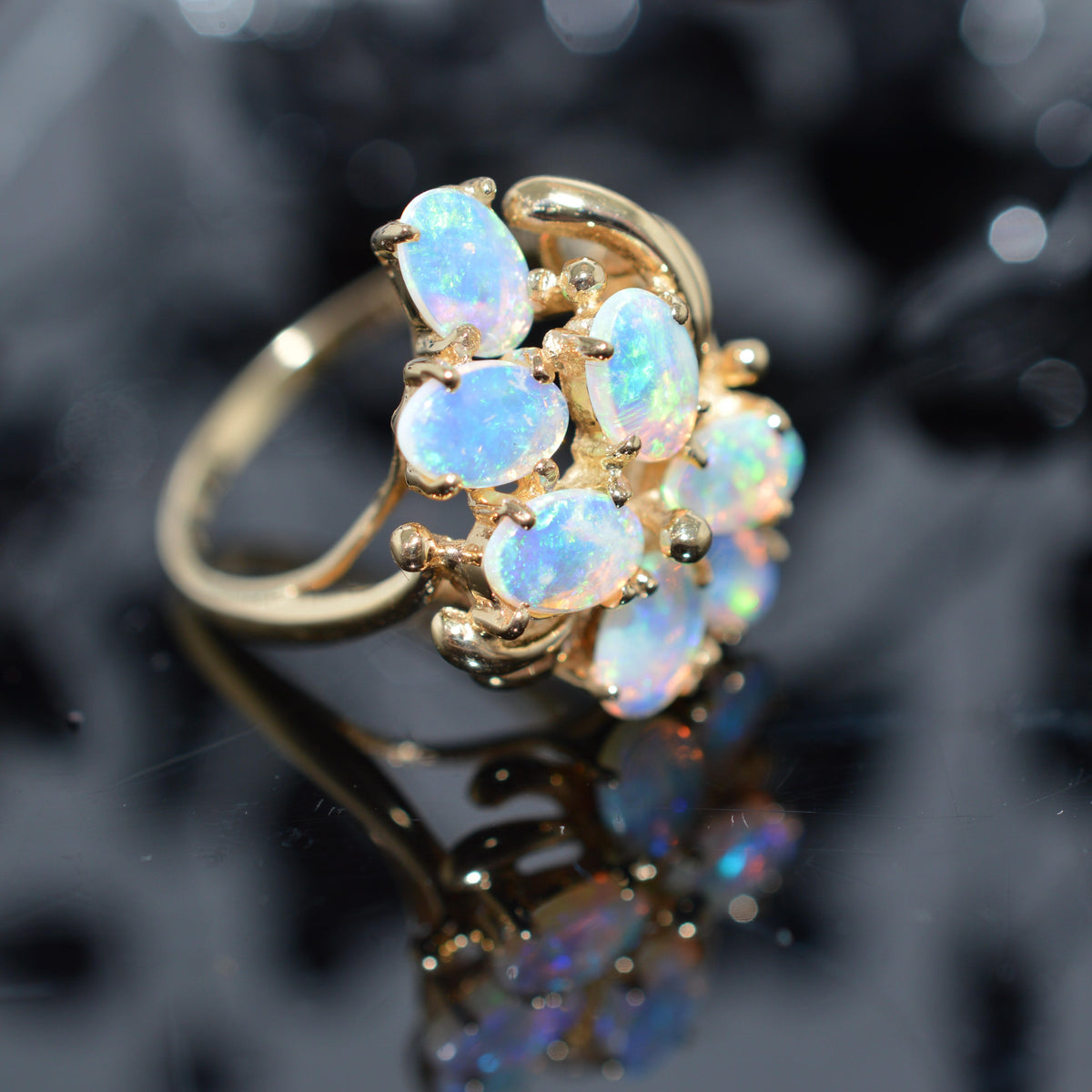 14K Yellow Gold 7 Oval Opal Cluster Ring