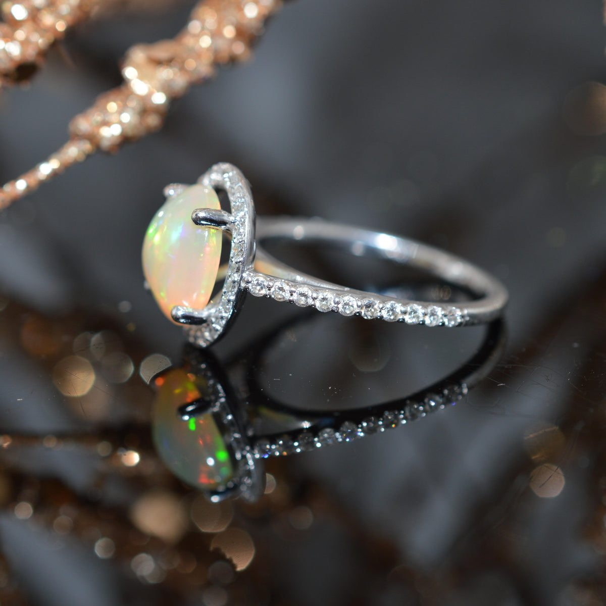 14K White Gold Oval Ethiopian Opal & Diamond Ring
