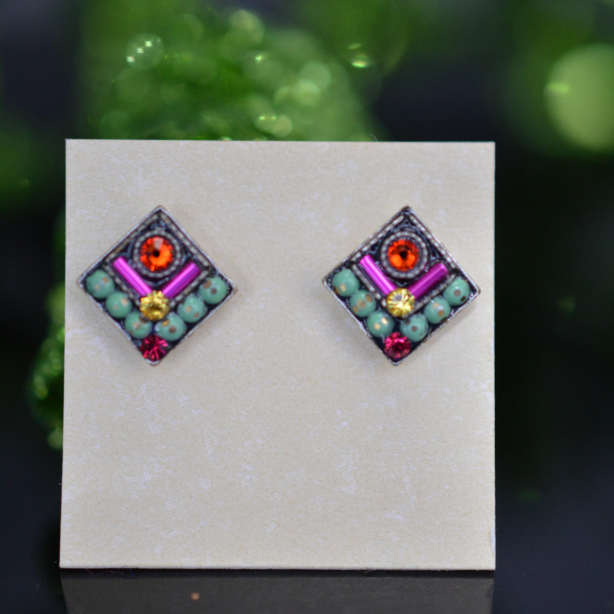 Antique Silver Plated Square Chevron Multi-Color Crystal Earrings by Firefly