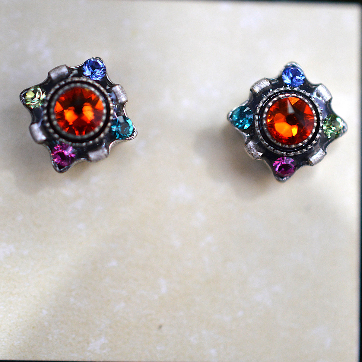 Antique Silver Plated Orange Dulce Petite Stud Earrings With Multi-Color Crystals by Firefly