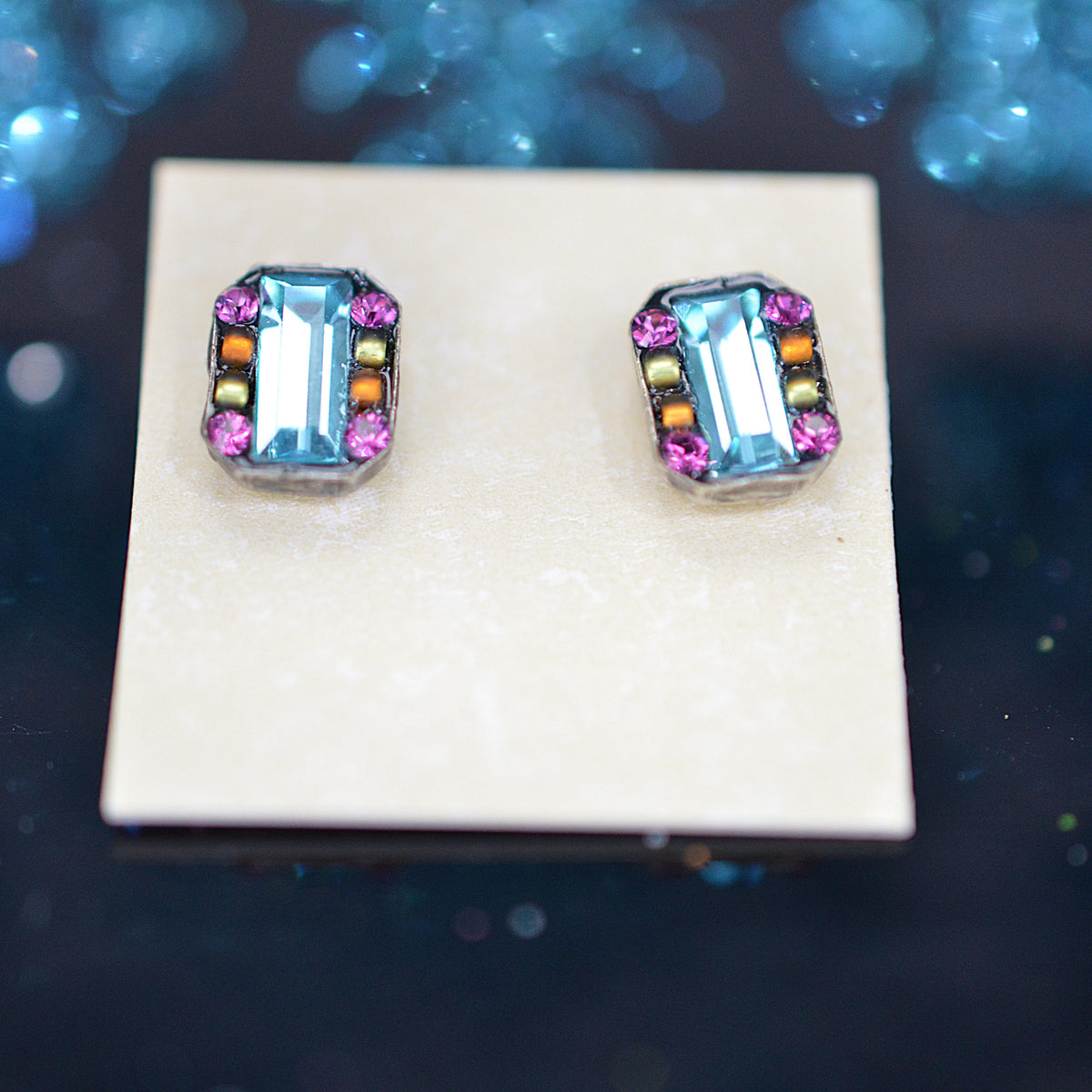 Antique Silver Plated Rectangular Stud Earrings With Multi-Color Crystals by Firefly