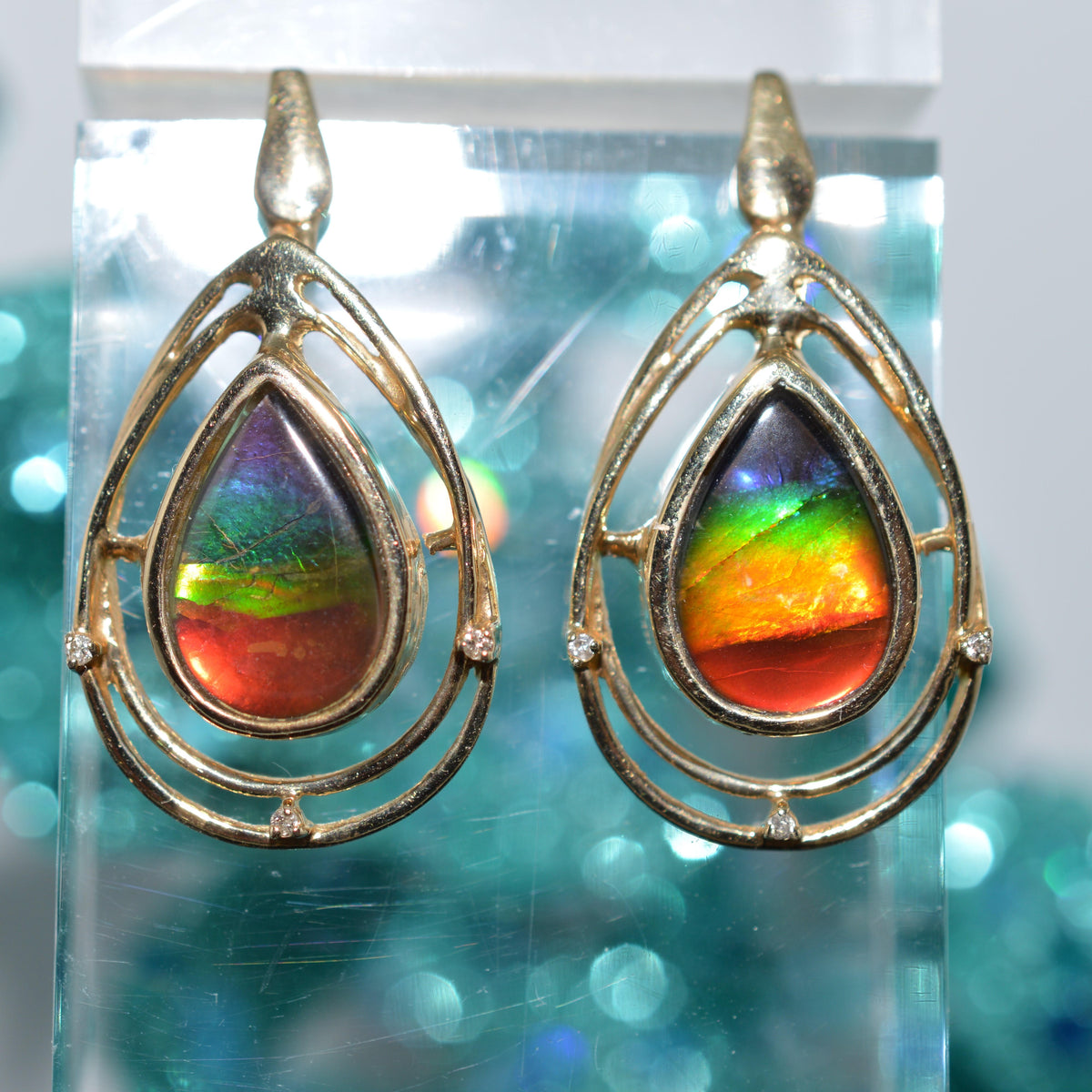14K Yellow Gold Fossil Ammolite & Diamond Teardrop Earrings