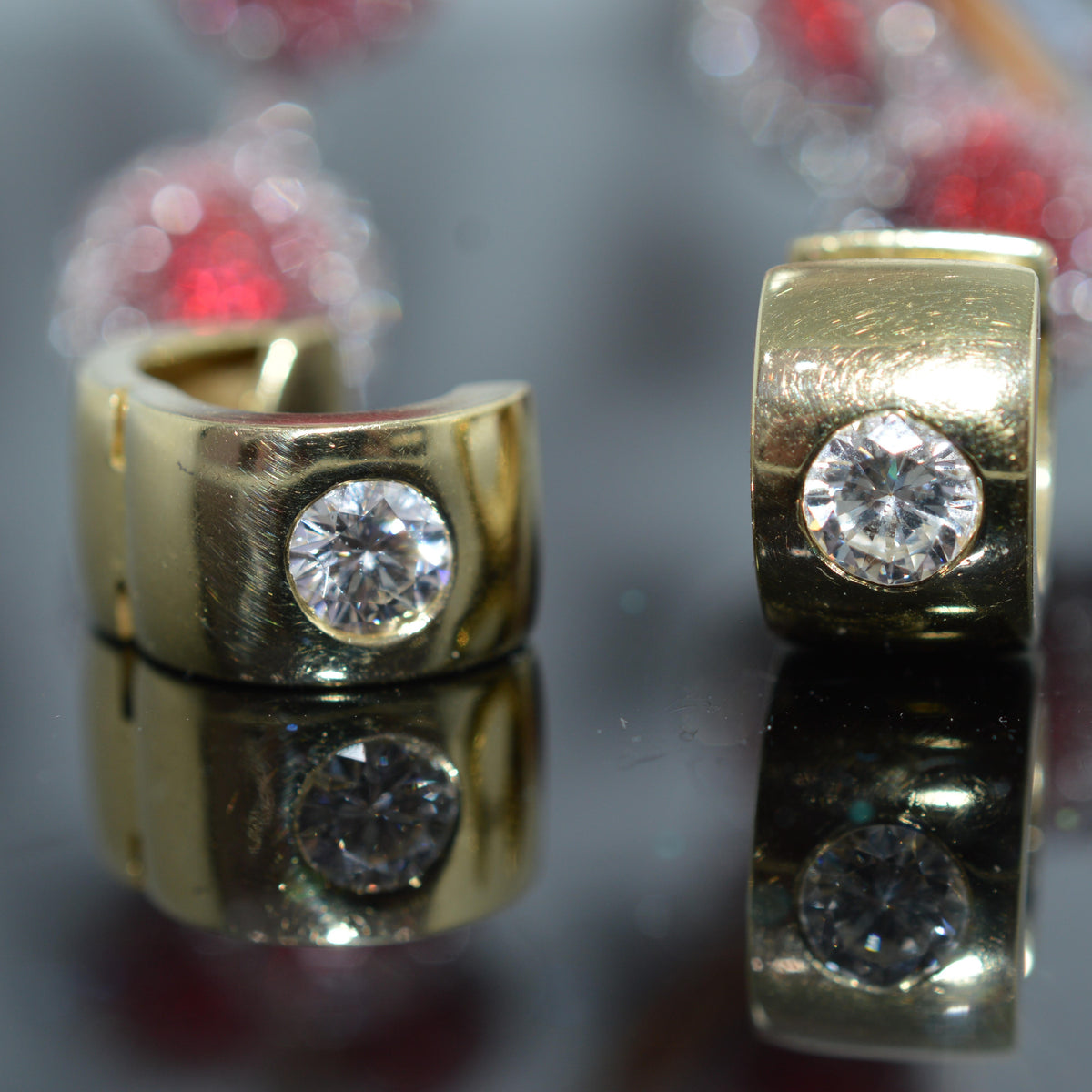 14K Yellow Gold Huggie Hoop Earrings With 2 Round Diamonds