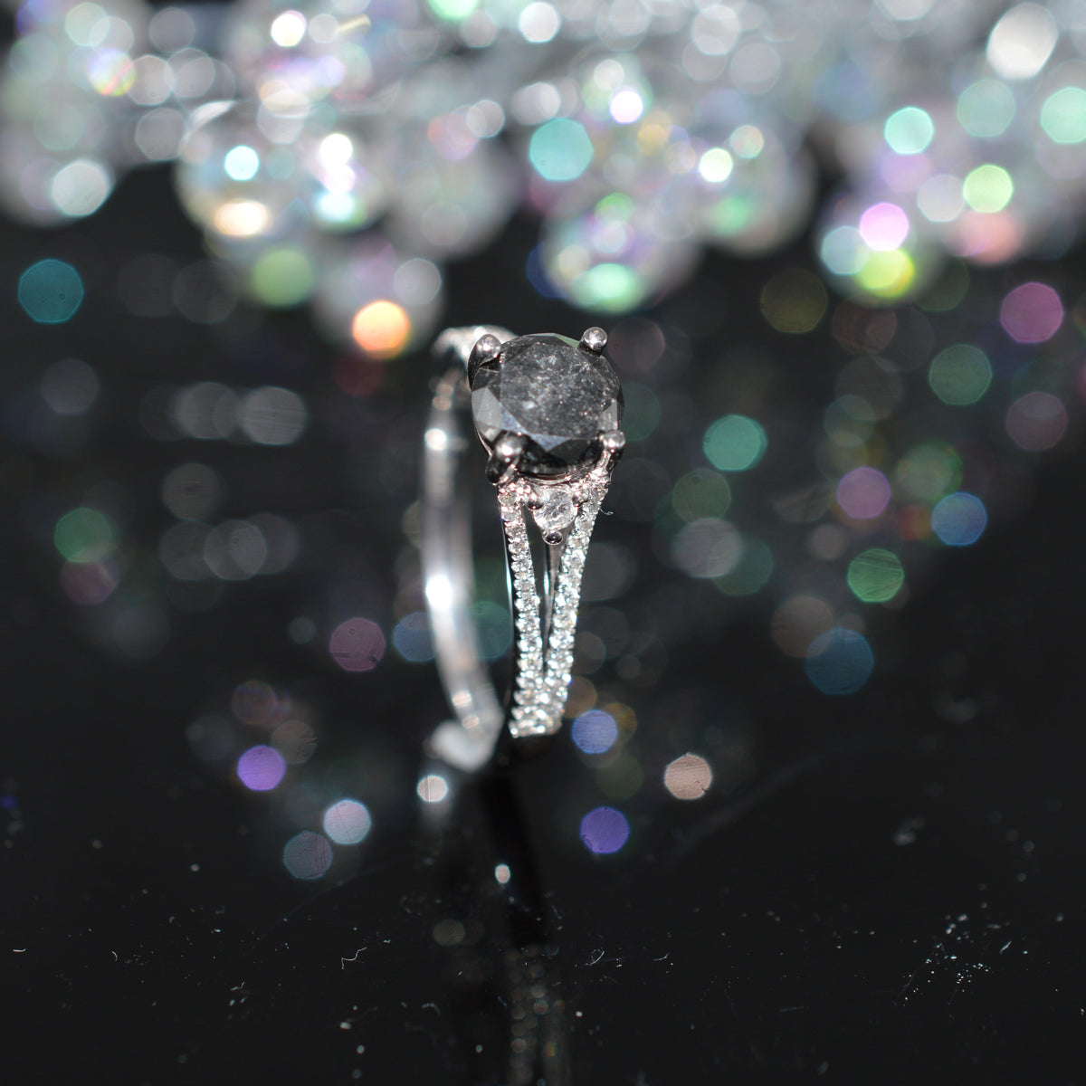 14K White Gold 1 Carat Black Diamond Engagement Ring