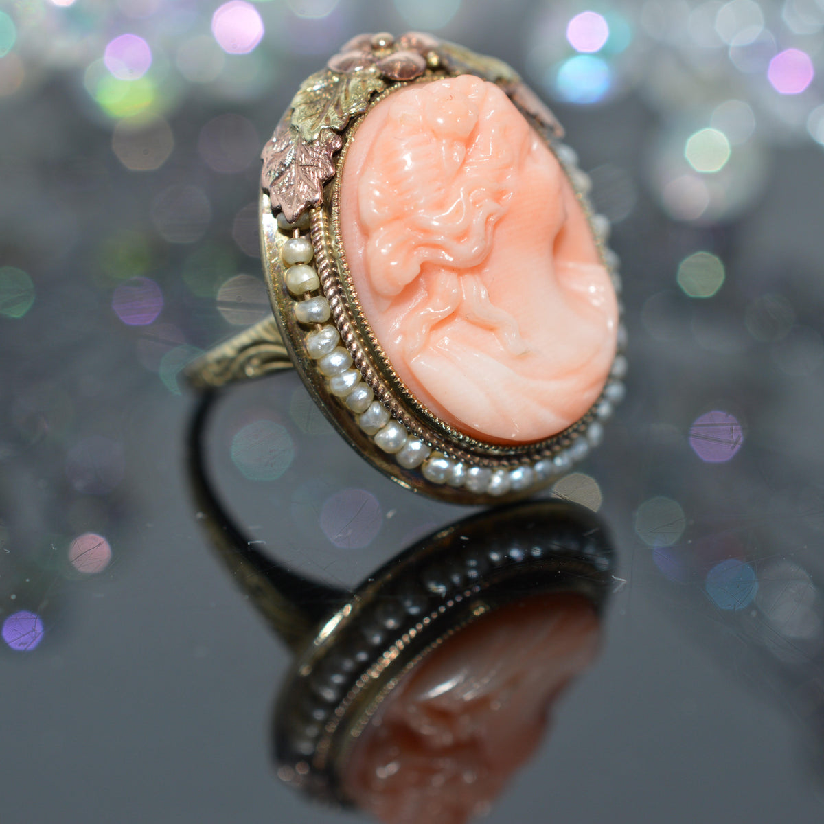 14K Tri-Color Gold Ring With Cameo And Seed Pearls On Wire
