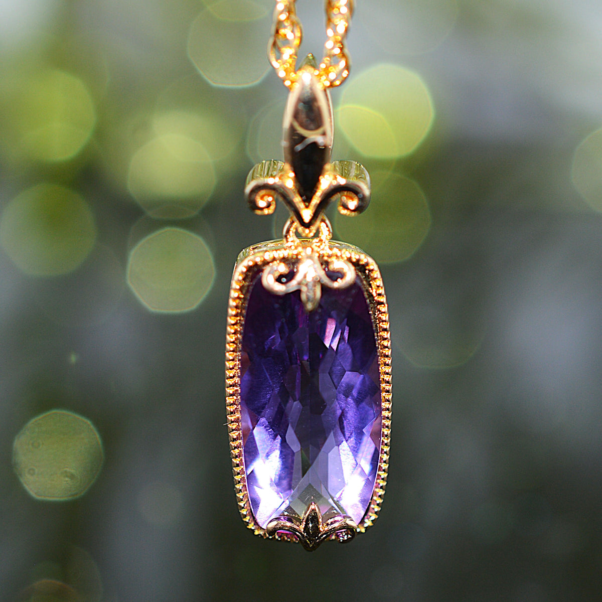 Gold Vermeil Chain & Pendant With Long Cushion Cut Amethyst