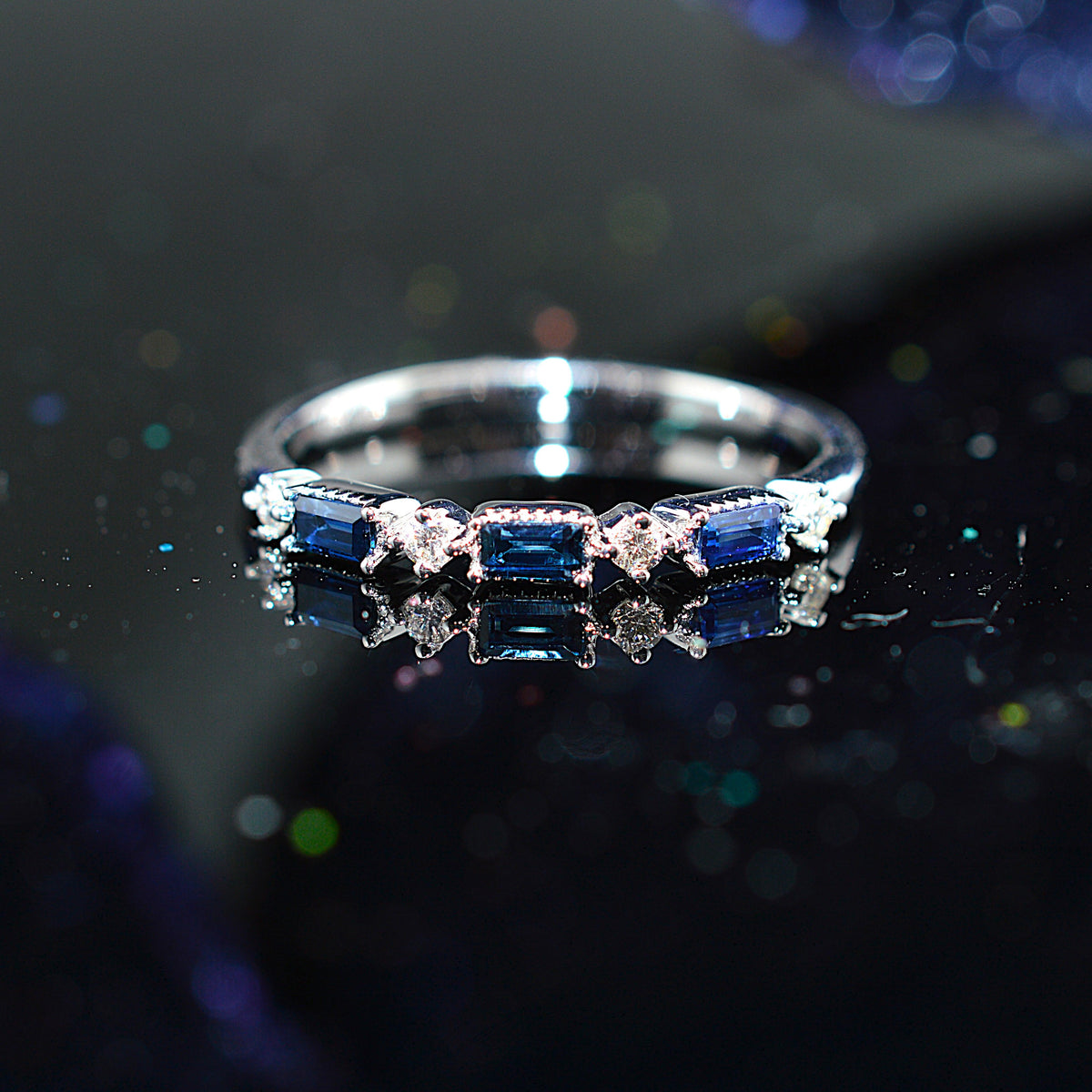 14K White Gold Baguette Genuine Sapphire & Diamond Anniversary Ring