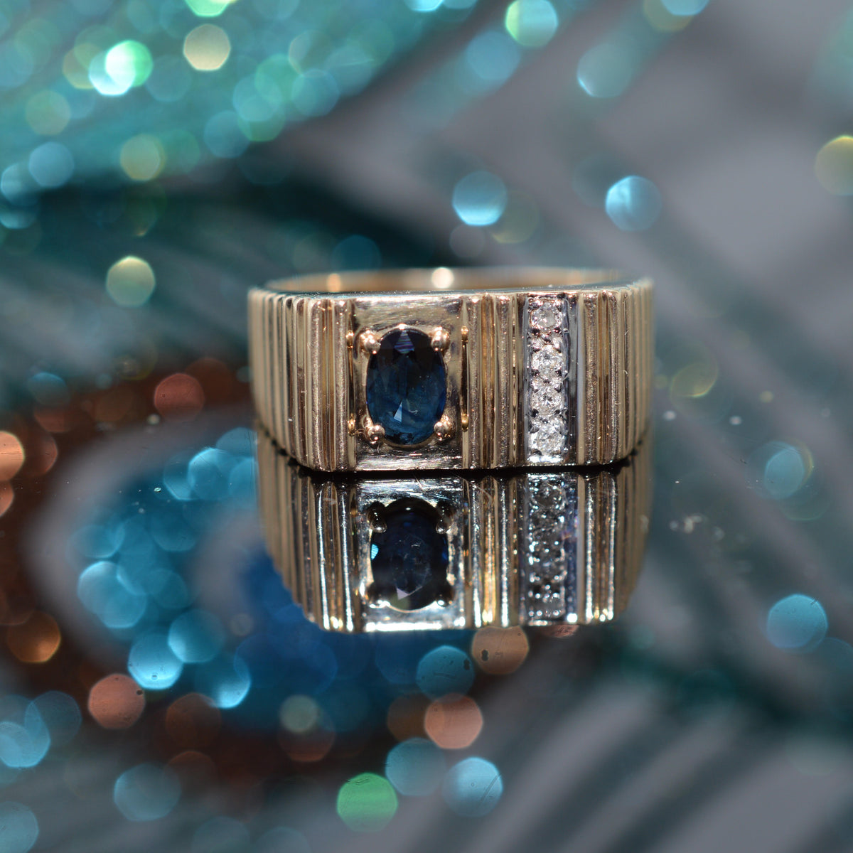 Gents 14K Yellow Gold Oval Sapphire & Diamond Ribbed Ring