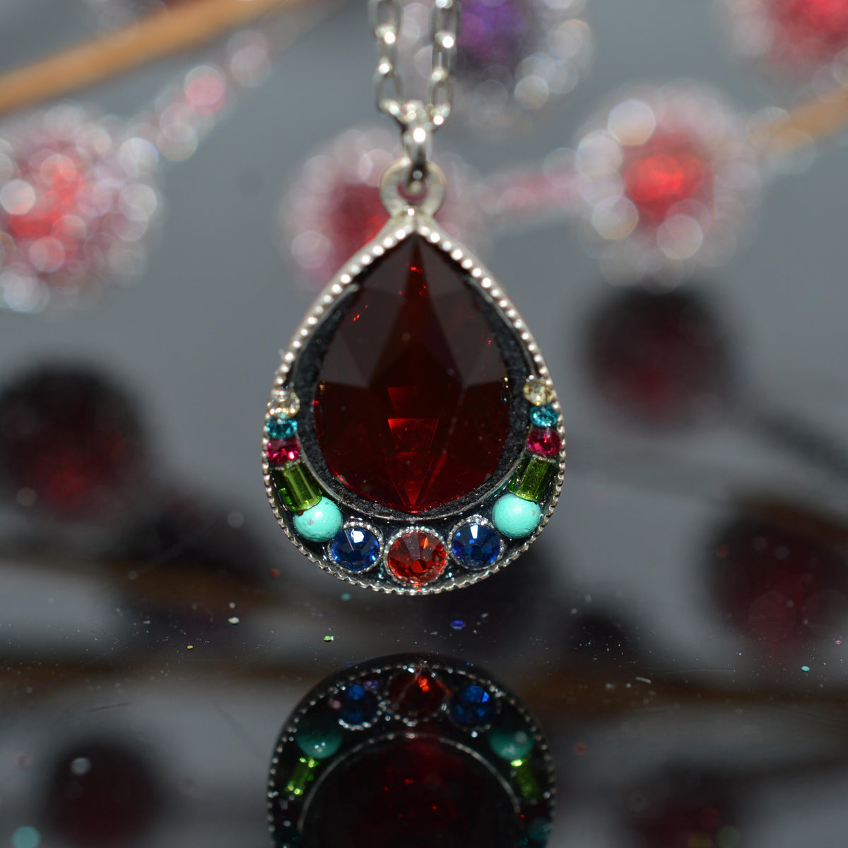 Antique Silver Plated Elizabeth Drop Multi-Color Crystal Pendant by Firefly