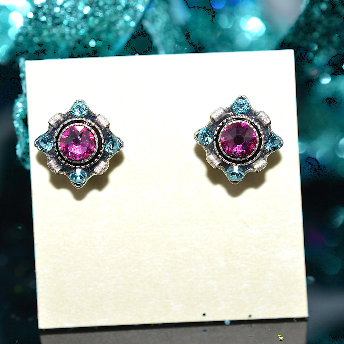 Antique Silver Plated Dulce Petite Stud Earrings With Fuchsia Crystals by Firefly