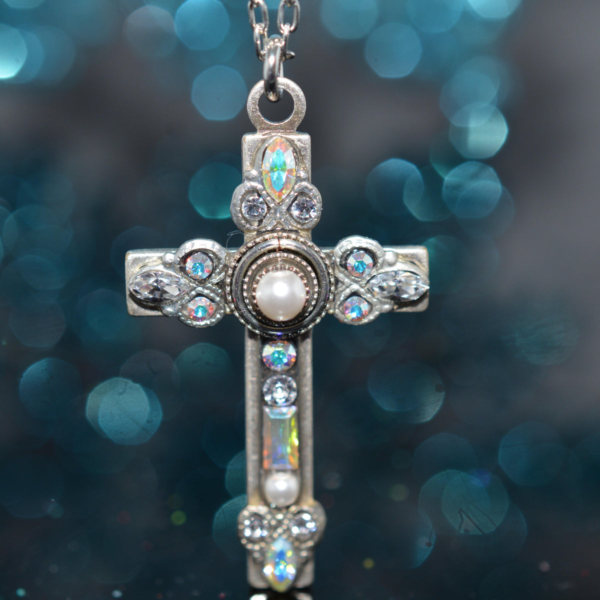 Antique Silver Plated Delicate Pearl And Crystal Cross Pendant by Firefly