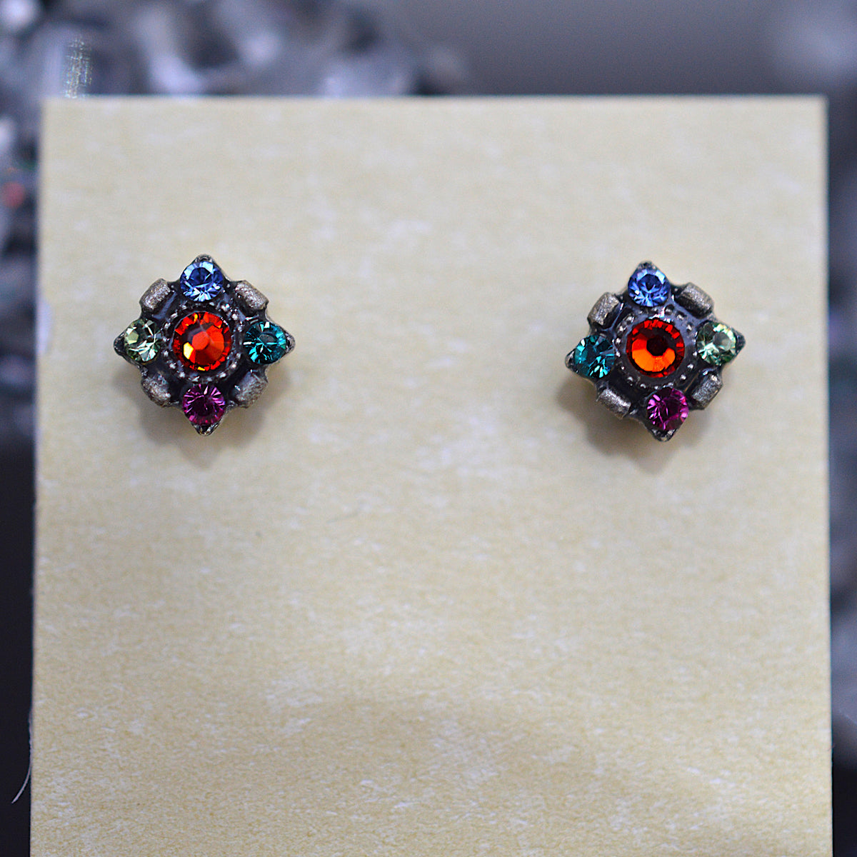 Antique Silver Plated Orange Dulce Mini Stud Earrings With Multi-Colored Crystals by Firefly