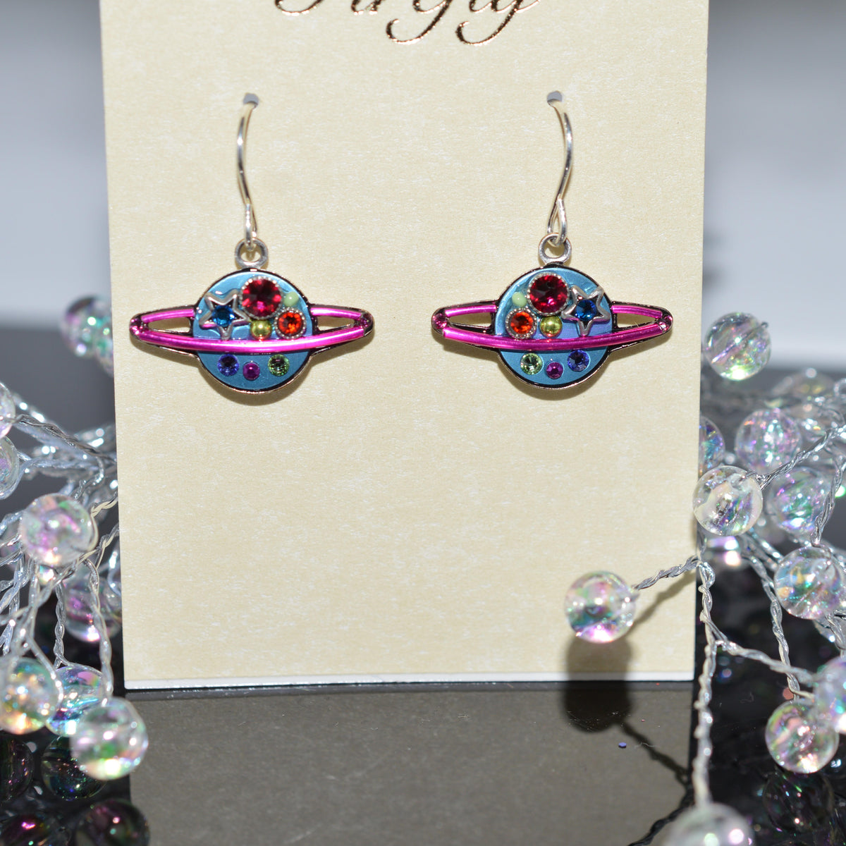 Antique Silver Plated Multi-Color Crystal Saturn Earrings by Firefly