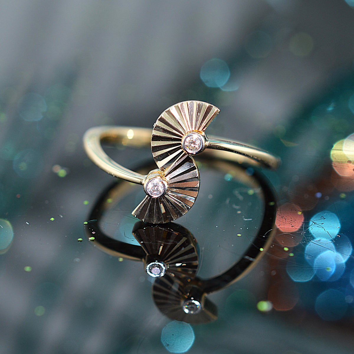 14K Yellow Gold Art Deco Inspired Fan Shape Diamond Ring