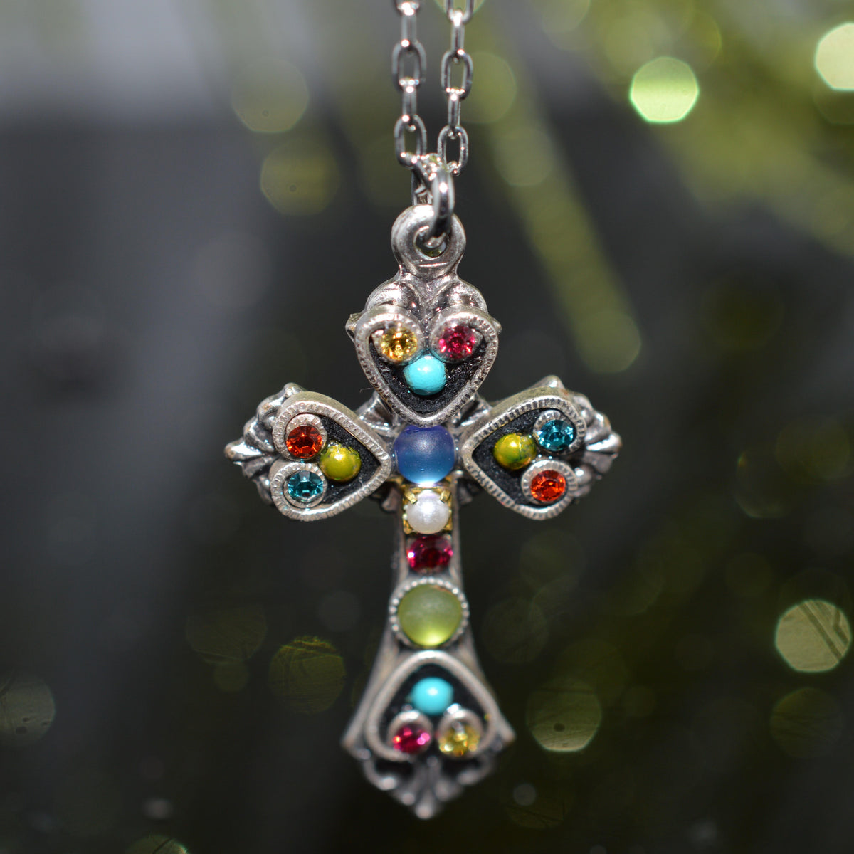 Antique Silver Plated Medium Multi-Color Crystal Cross Pendant by Firefly