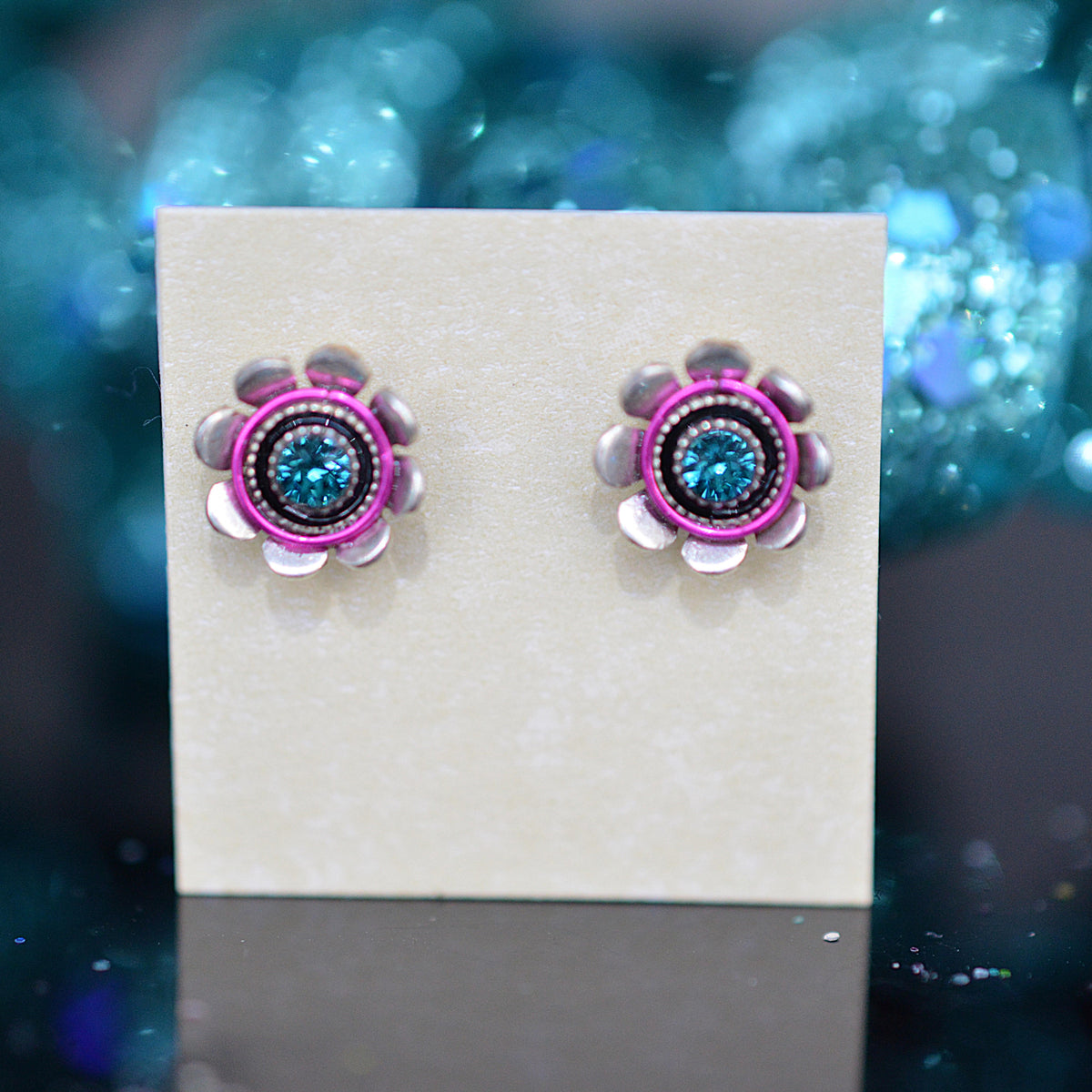 Antique Silver Plated Mini Flower Stud Earrings With Multi-Color Crystals by Firefly