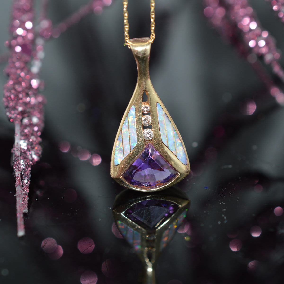 14K Yellow Gold Diamond, Amethyst, & Inlaid Opal Pendant by "Kabana"
