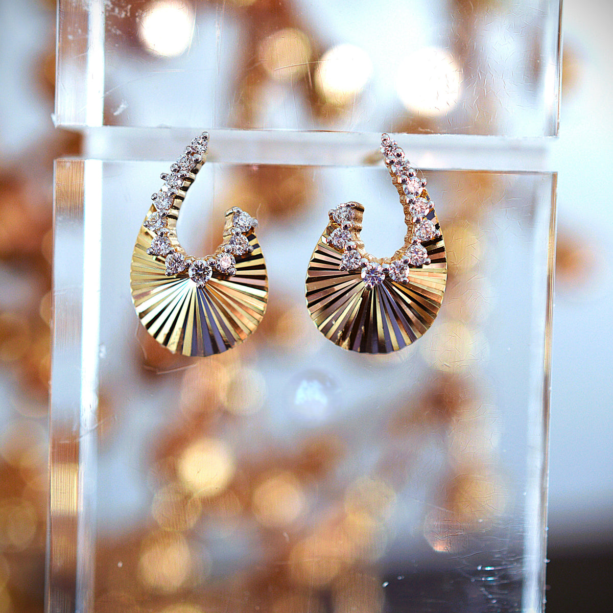 14K Yellow Gold Art Deco Style Fan Shape Sunburst Diamond Earrings