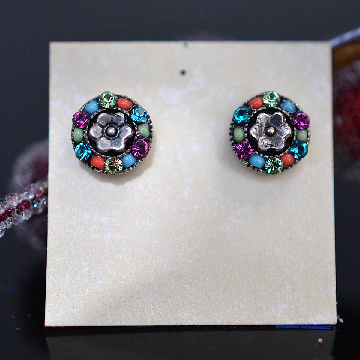 Antique Silver Plated Round Flower Stud Earrings With Multi-Color Crystals by Firefly