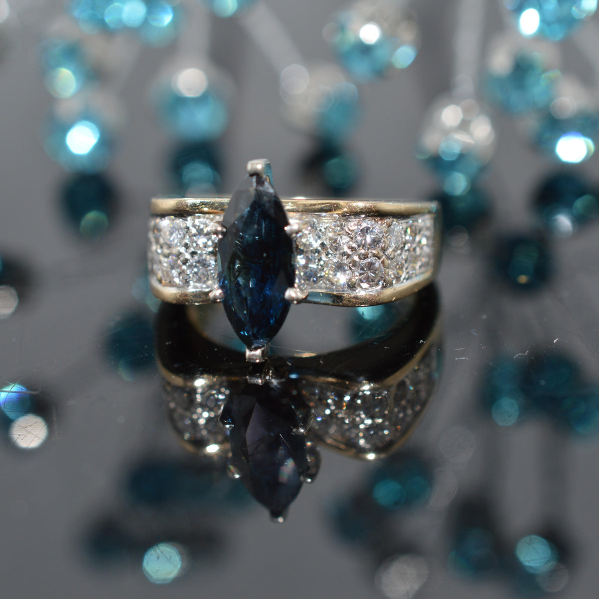 14K Two Tone Gold Ring With Marquise Sapphire & Diamonds