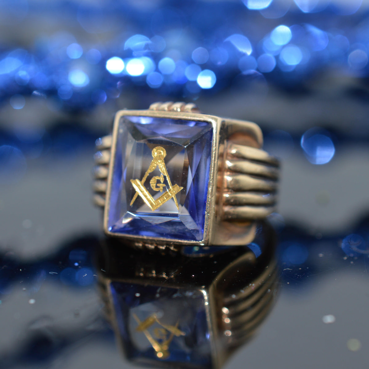 10K Yellow Gold Masonic Ring With Rectangular Synthetic Blue Spinel