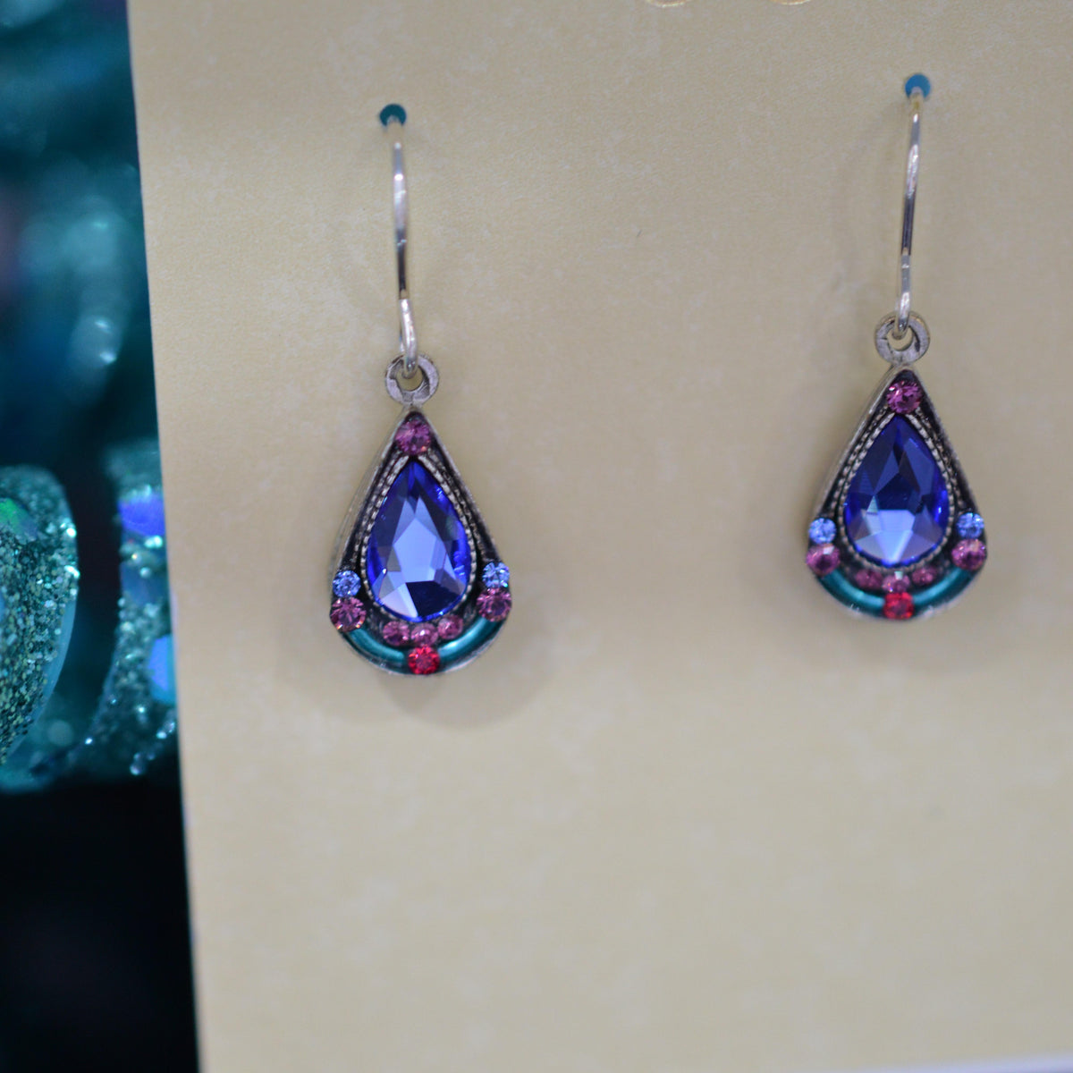 Antique Silver Plated Mosaic Drop Sapphire Crystal Earrings by Firefly