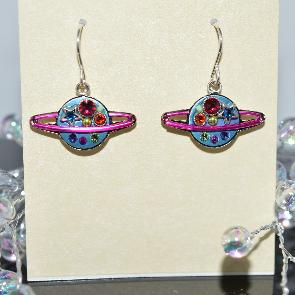Antique Silver Plated Multi-Color Crystal Saturn Earrings by Firefly