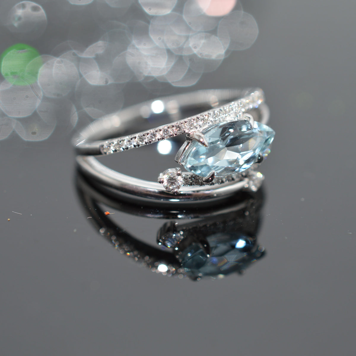 14K White Gold Contemporary Marquise Aquamarine & Diamond Ring