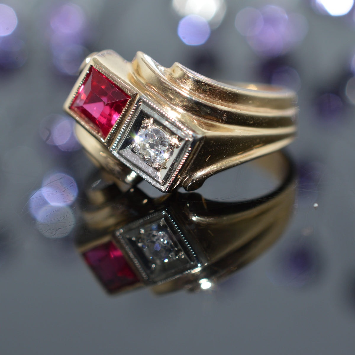 14K Yellow Gold Ring With Synthetic Ruby & Old Mine Cut Diamond