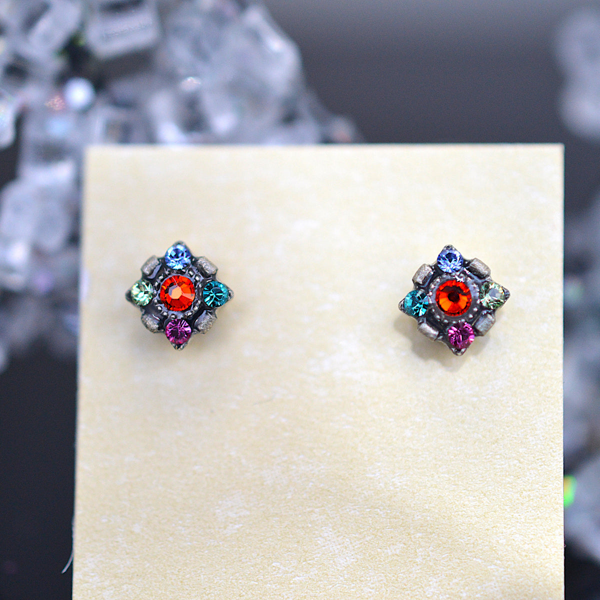 Antique Silver Plated Orange Dulce Mini Stud Earrings With Multi-Colored Crystals by Firefly