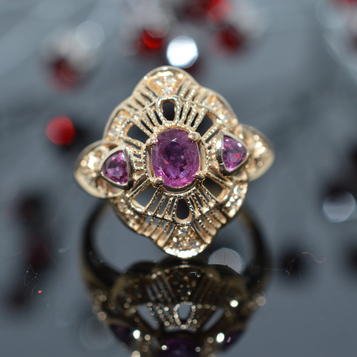 14K Yellow Gold Filigree Ring With 3 Rubies & Diamonds