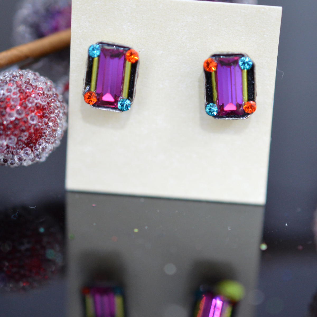 Antique Silver Plated Rectangular Multi-Color Crystal Earrings by Firefly