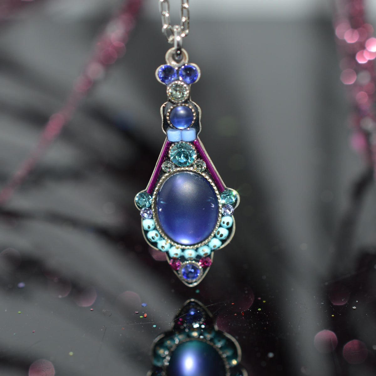 Antique Silver Plated Large Moonlight Tanzanite Colored Crystal Pendant by Firefly