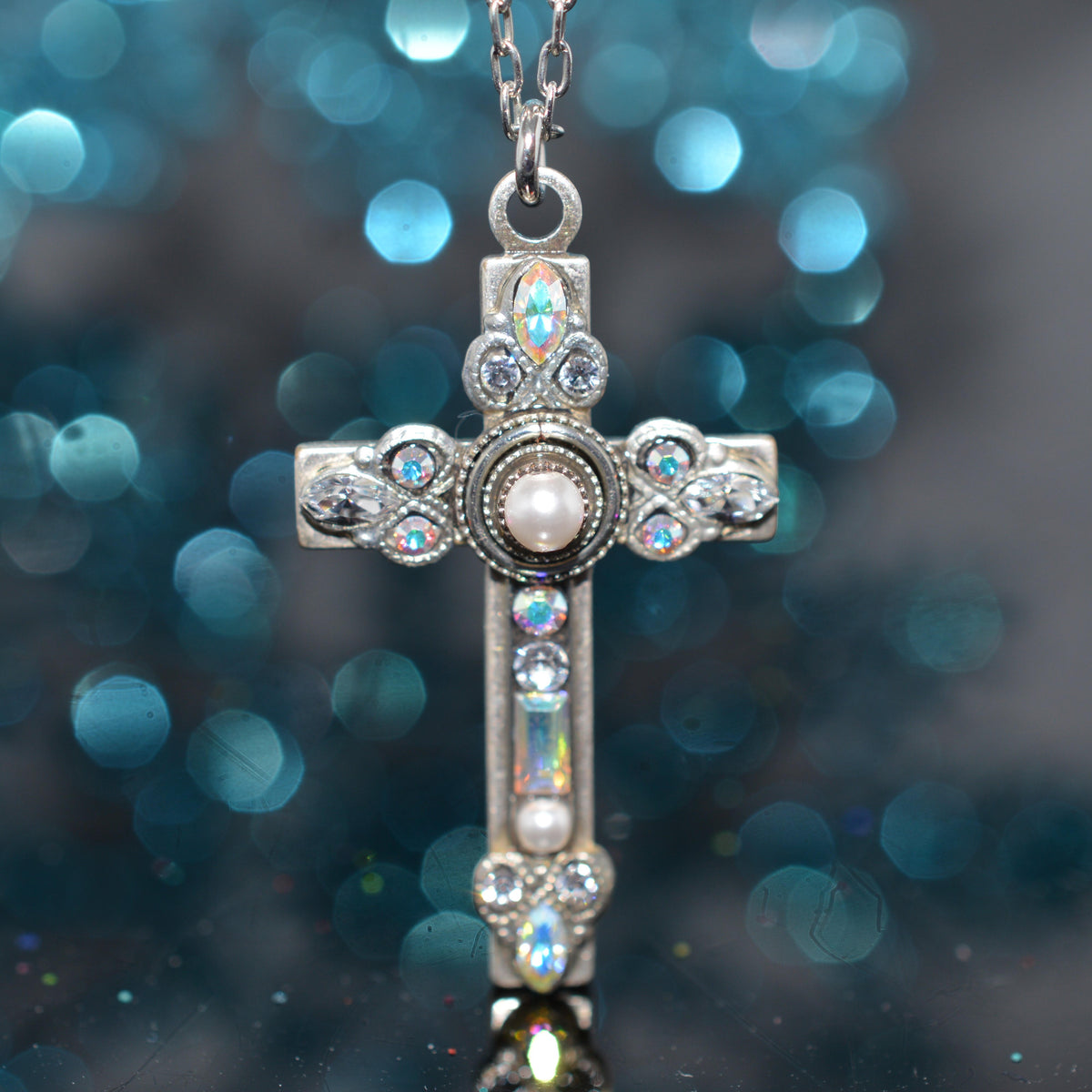 Antique Silver Plated Delicate Pearl And Crystal Cross Pendant by Firefly