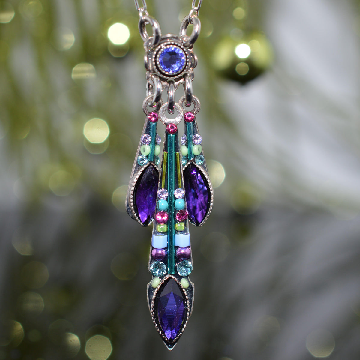 Antique Silver Plated Triple Carmel Purple Crystal Drop Necklace by Firefly
