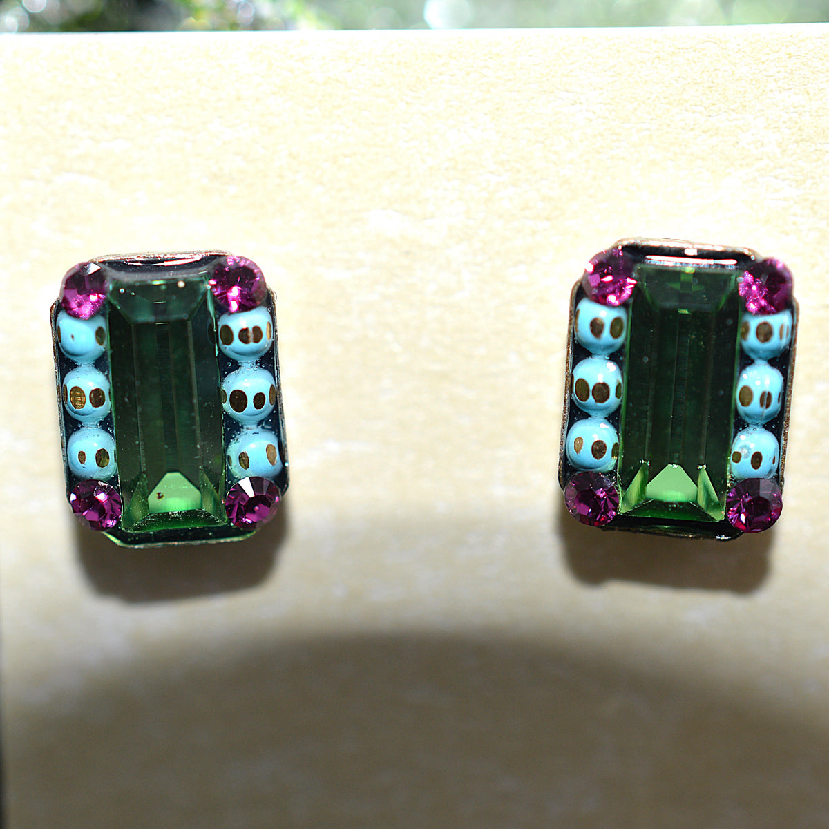Antique Silver Plated Green Rectangular Stud Earrings With Multi-Color Crystals by Firefly