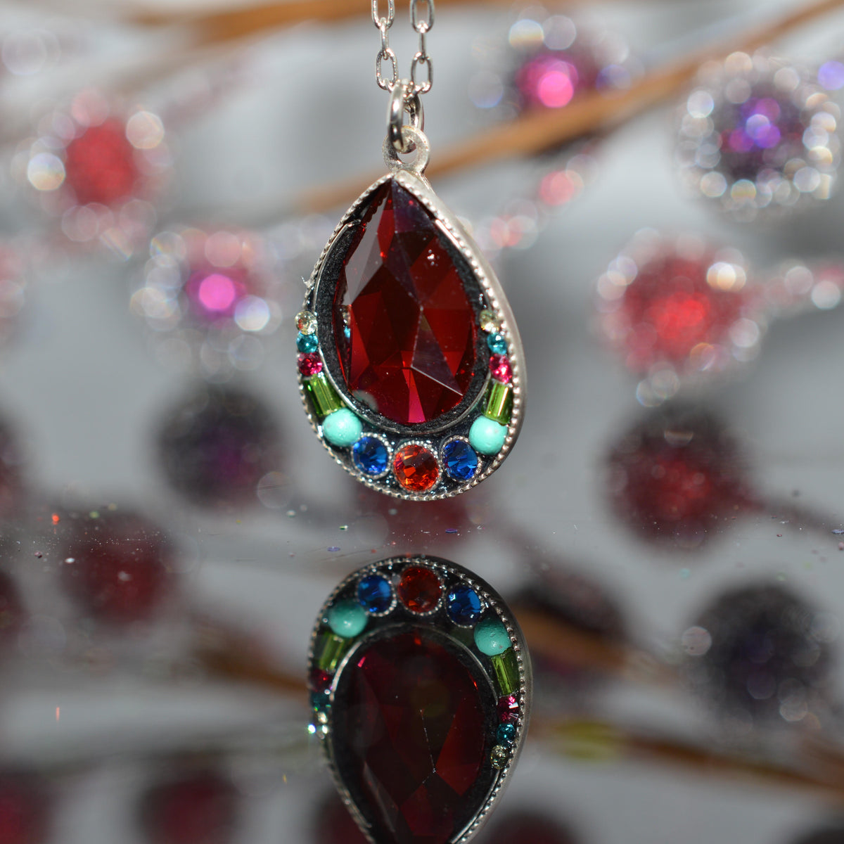 Antique Silver Plated Elizabeth Drop Multi-Color Crystal Pendant by Firefly