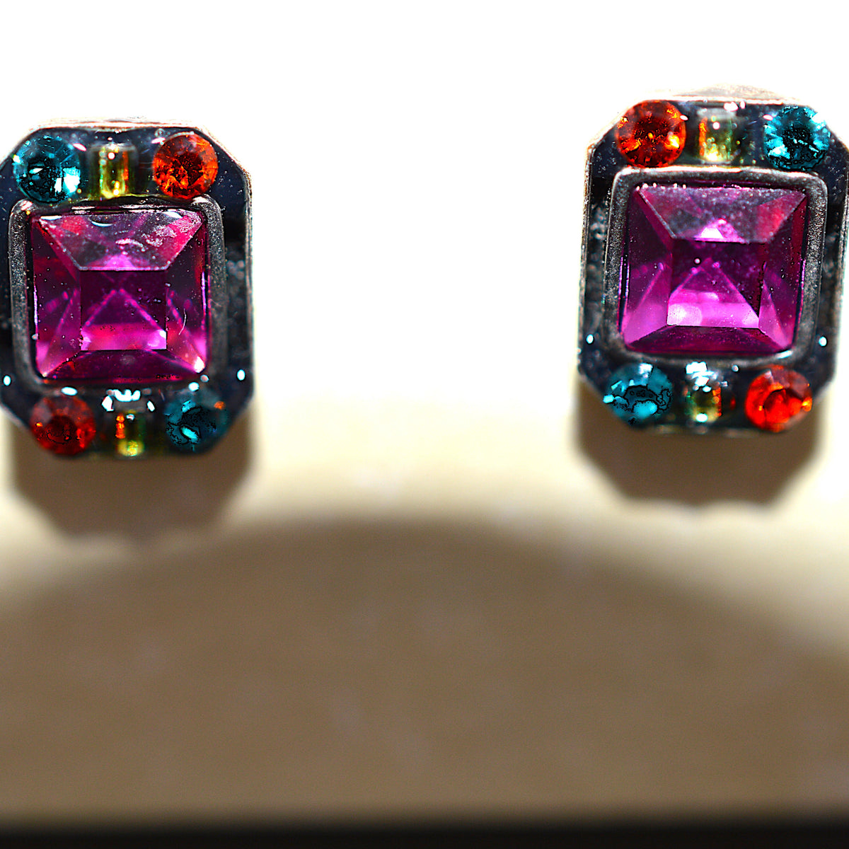 Antique Silver Plated Fuchsia Rectangular Stud Earrings With Multi-Colored Crystals by Firefly