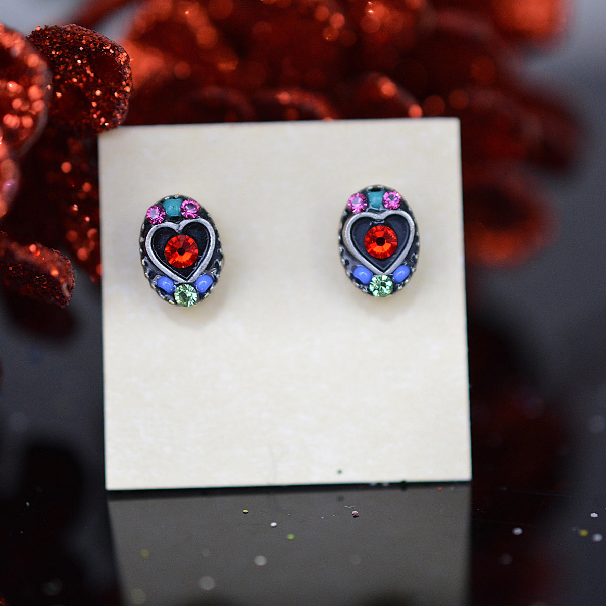 Antique Silver Plated Oval Shape Heart Stud Earrings With Multi-Color Crystals by Firefly