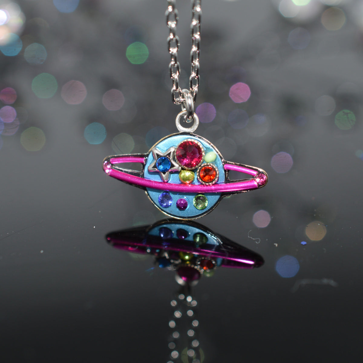 Antique Silver Plated Multi-Colored Crystal Saturn Pendant by Firefly