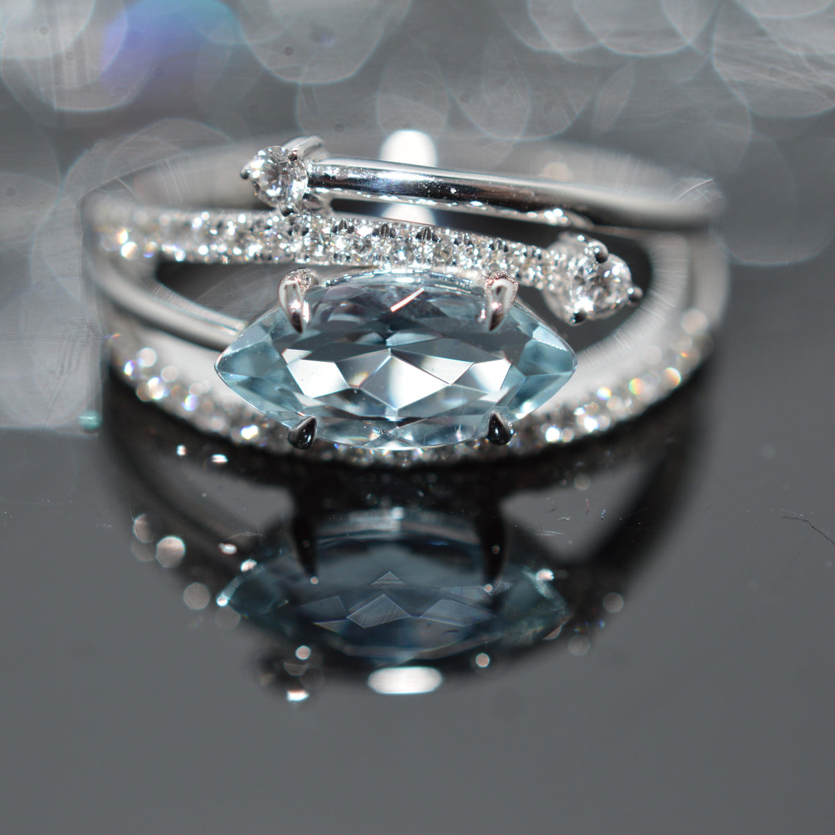 14K White Gold Contemporary Marquise Aquamarine & Diamond Ring